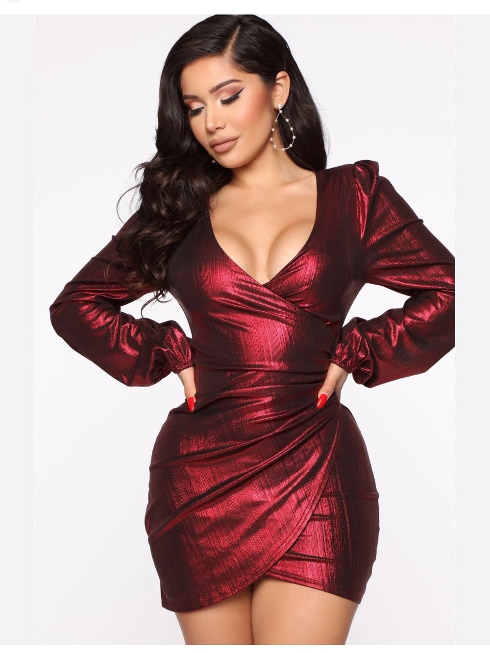 Fashion Nova Metallic Burgundy Wrap Mini Dress